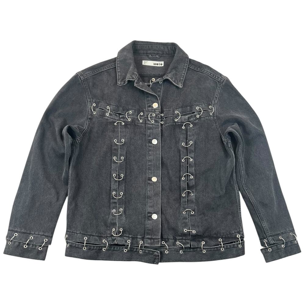 Topshop Moto Black Washed Metal Ring Grommet Denim Jacket Women’s 8